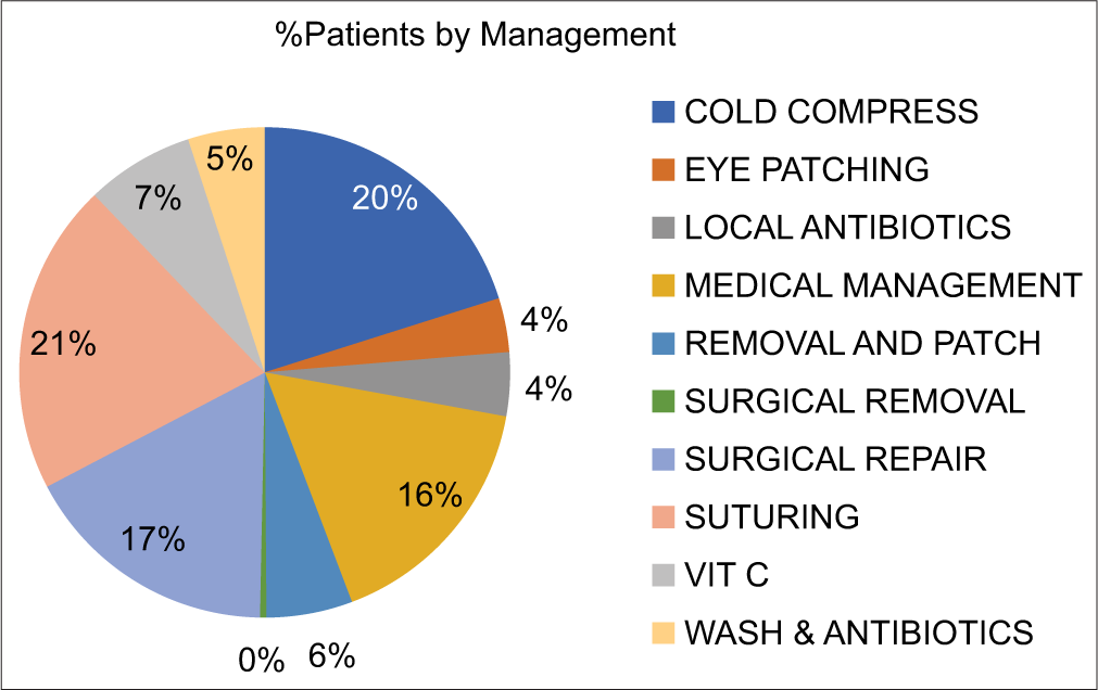 Showing pie chart for percentage of patients of ocular trauma management.